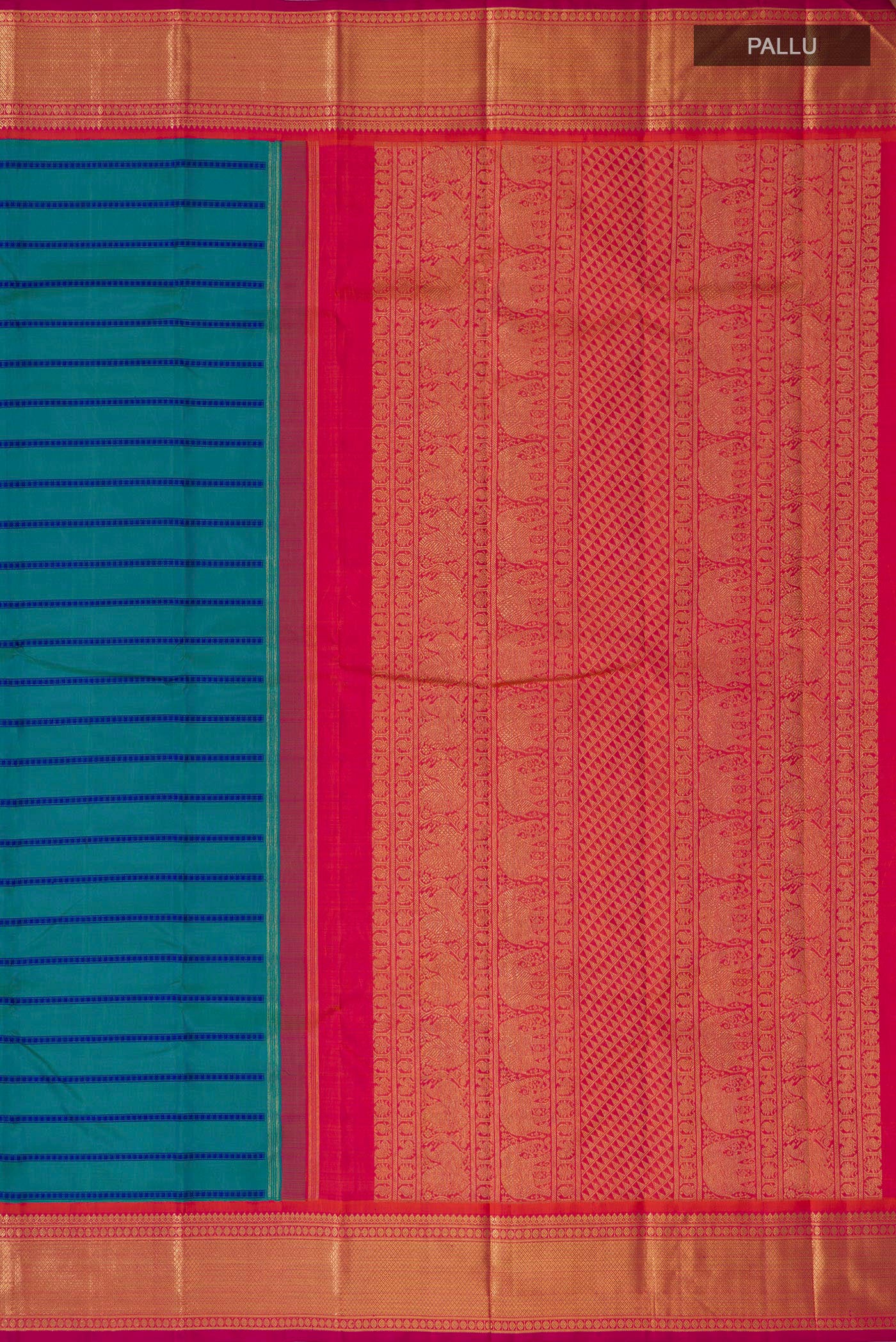 Close up image of the pallu of Pure Silk Pure Zari Blue Kanjivaram Saree with Veldhari on the body and Zari Border. 