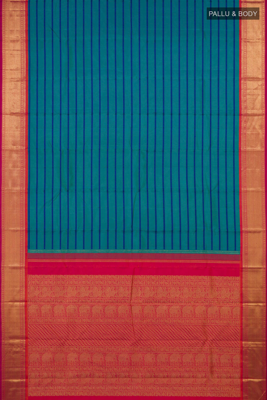 Flat view of Pure Silk Pure Zari Blue Kanjivaram Saree with Veldhari on the body and Zari Border. 