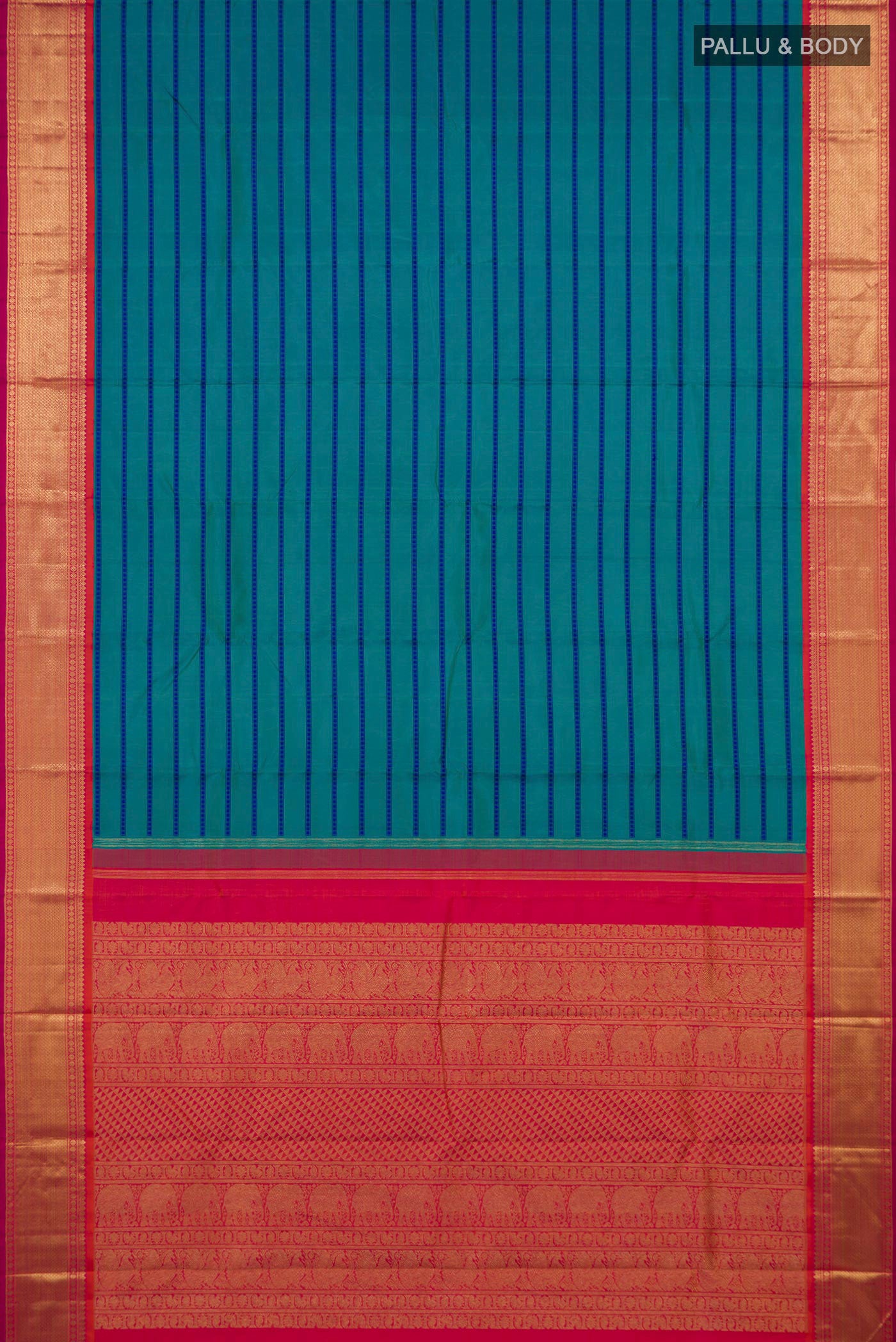 Flat view of Pure Silk Pure Zari Blue Kanjivaram Saree with Veldhari on the body and Zari Border. 