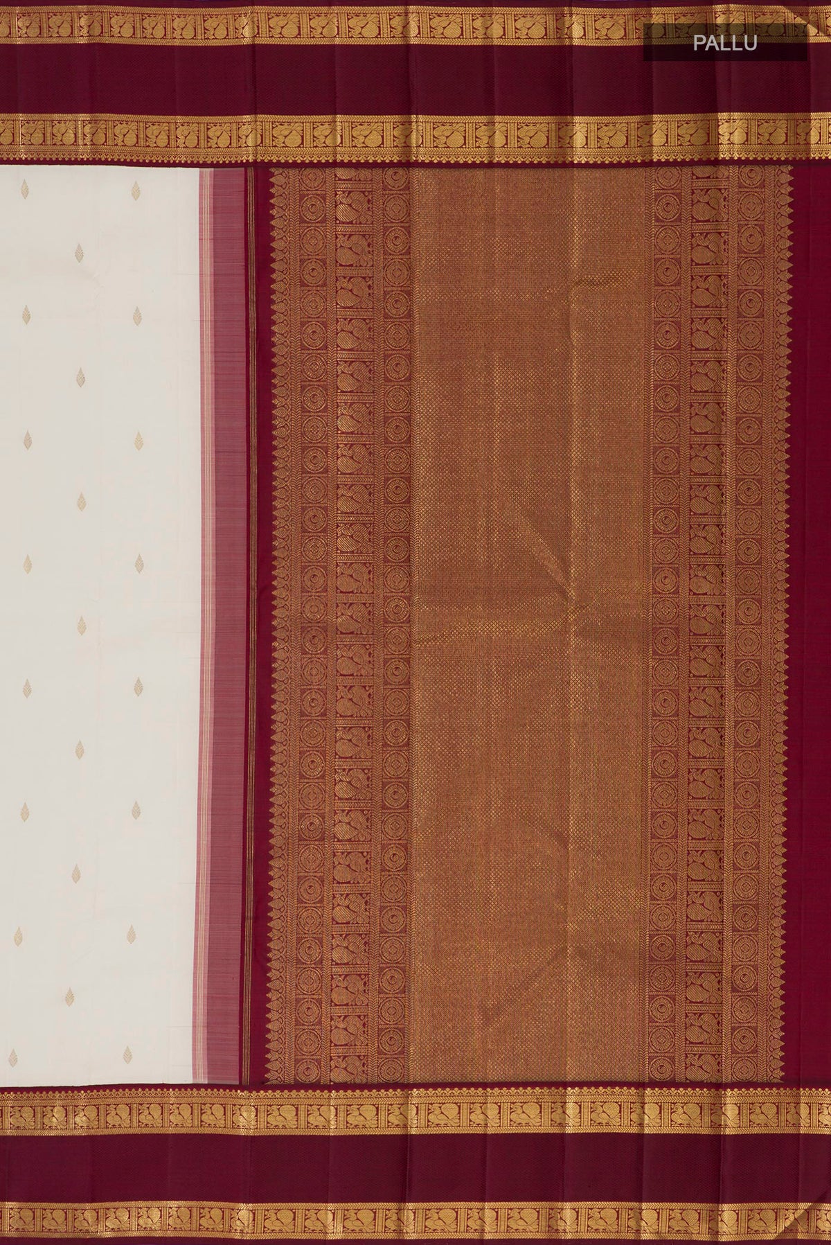 Close up image of the pallu of Pure Silk Pure Zari Off White Kanjivaram Saree with Zari Butta on the body and Zari Border. 