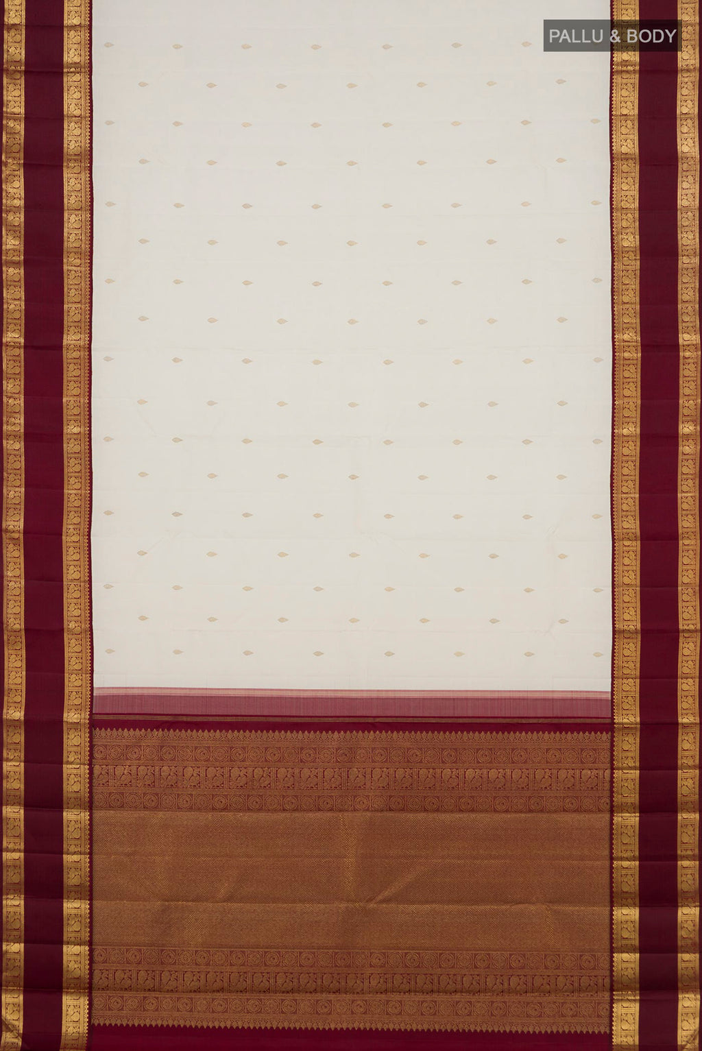 Flat view of Pure Silk Pure Zari Off White Kanjivaram Saree with Zari Butta on the body and Zari Border. 