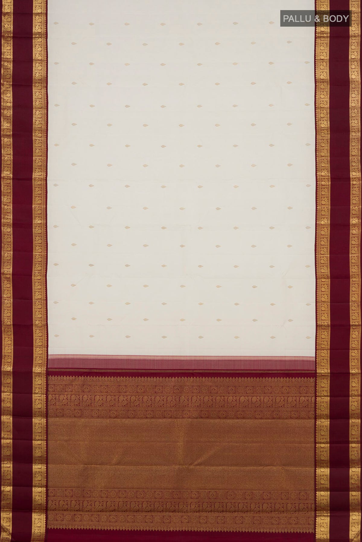 Flat view of Pure Silk Pure Zari Off White Kanjivaram Saree with Zari Butta on the body and Zari Border. 
