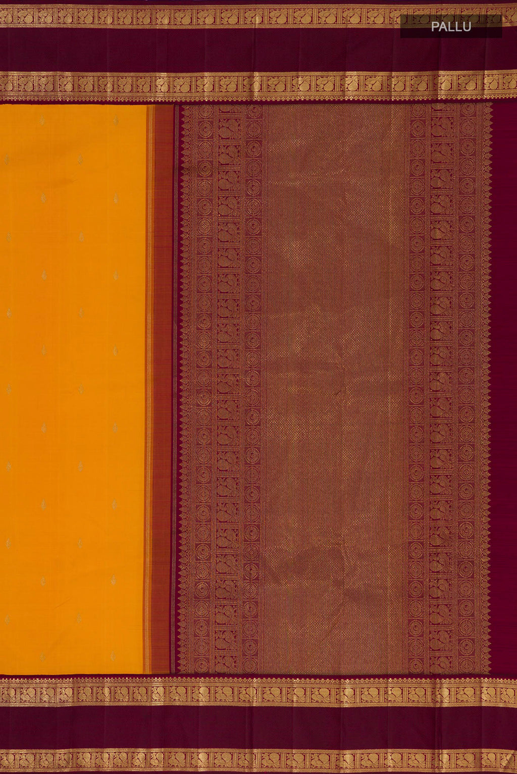 Close up image of the pallu of Pure Silk Pure Zari Yellow Kanjivaram Saree with Zari Butta on the body and Zari Border. 
