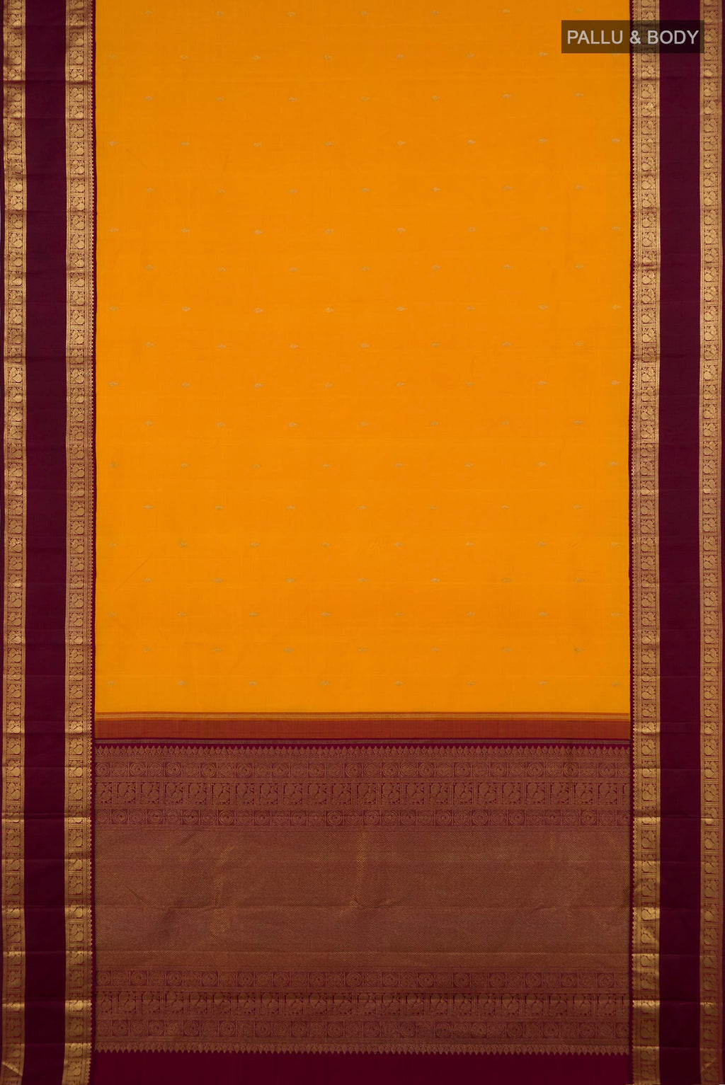 Flat view of Pure Silk Pure Zari Yellow Kanjivaram Saree with Zari Butta on the body and Zari Border. 