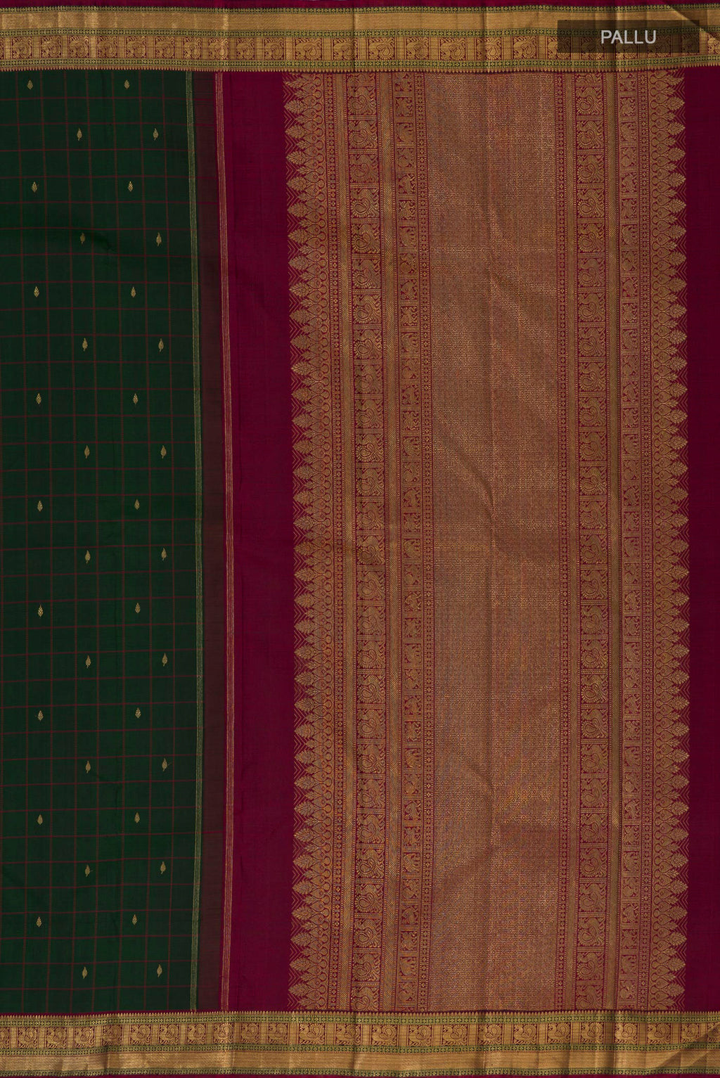 Close up image of the pallu of Pure Silk Pure Zari Bottle Green Kanjivaram Saree with Checked design on the body and Zari Border. 
