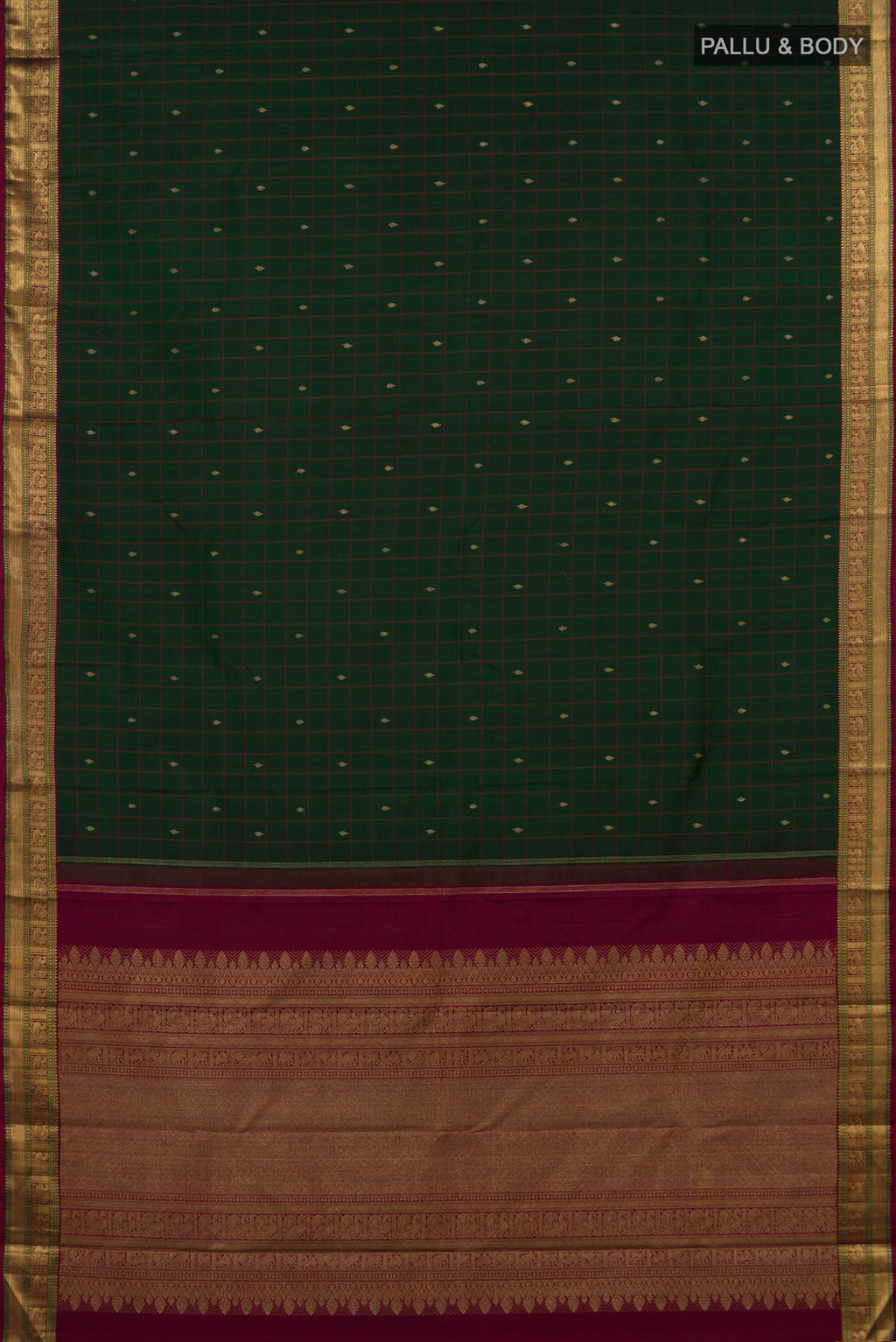 Flat view of Pure Silk Pure Zari Bottle Green Kanjivaram Saree with Checked design on the body and Zari Border. 