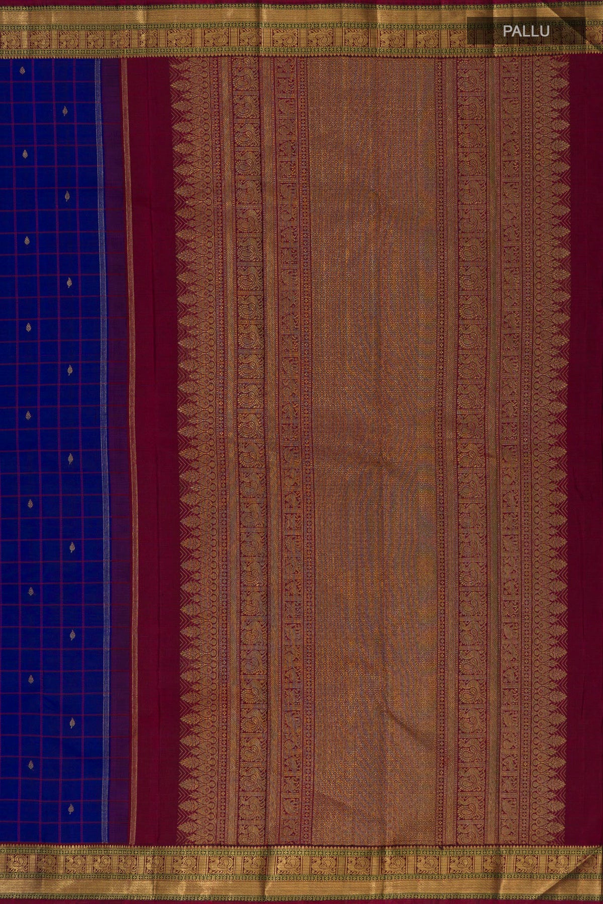 Close up image of the pallu of Pure Silk Pure Zari Blue Kanjivaram Saree with Checked design on the body and Zari Border. 