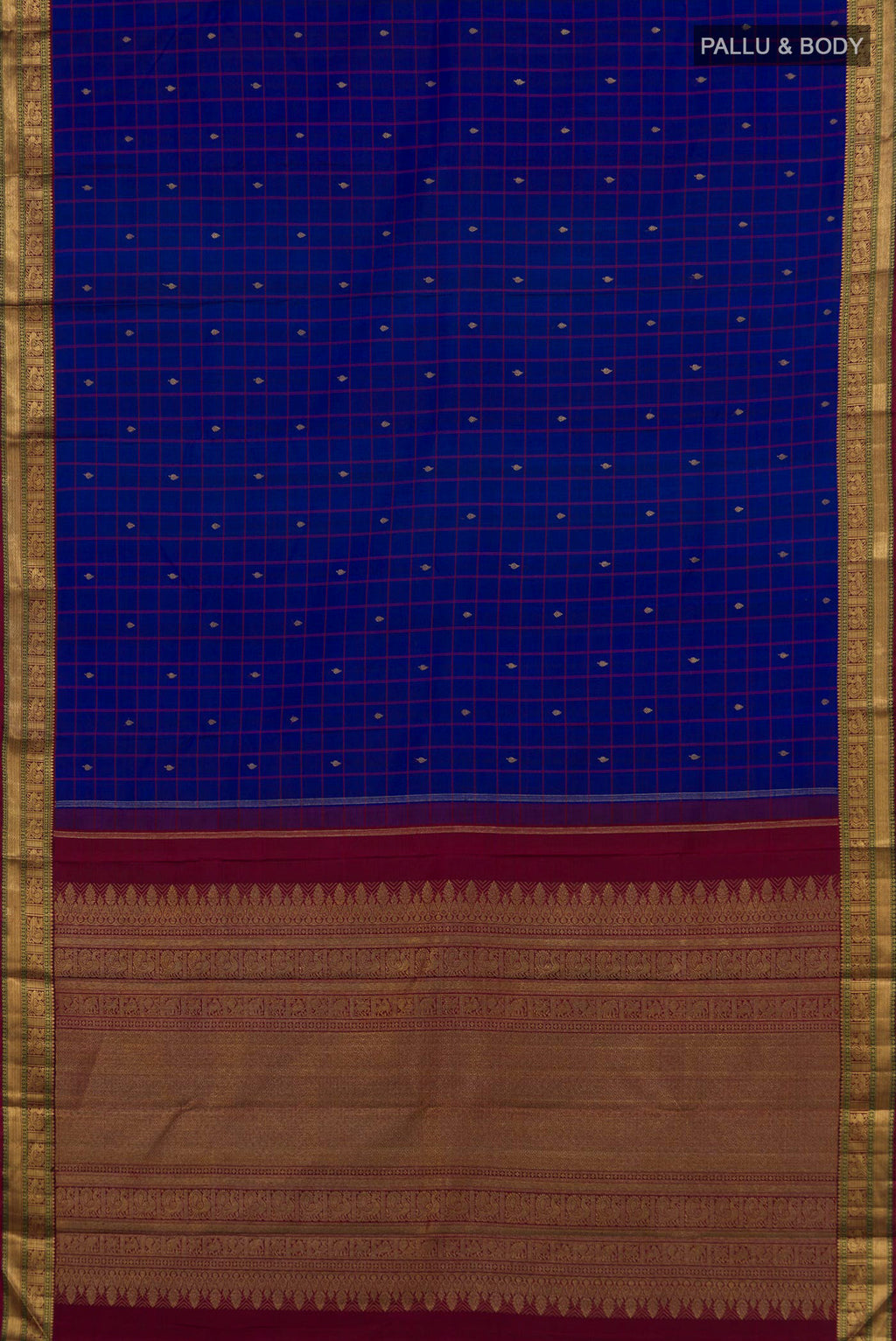 Flat view of Pure Silk Pure Zari Blue Kanjivaram Saree with Checked design on the body and Zari Border. 