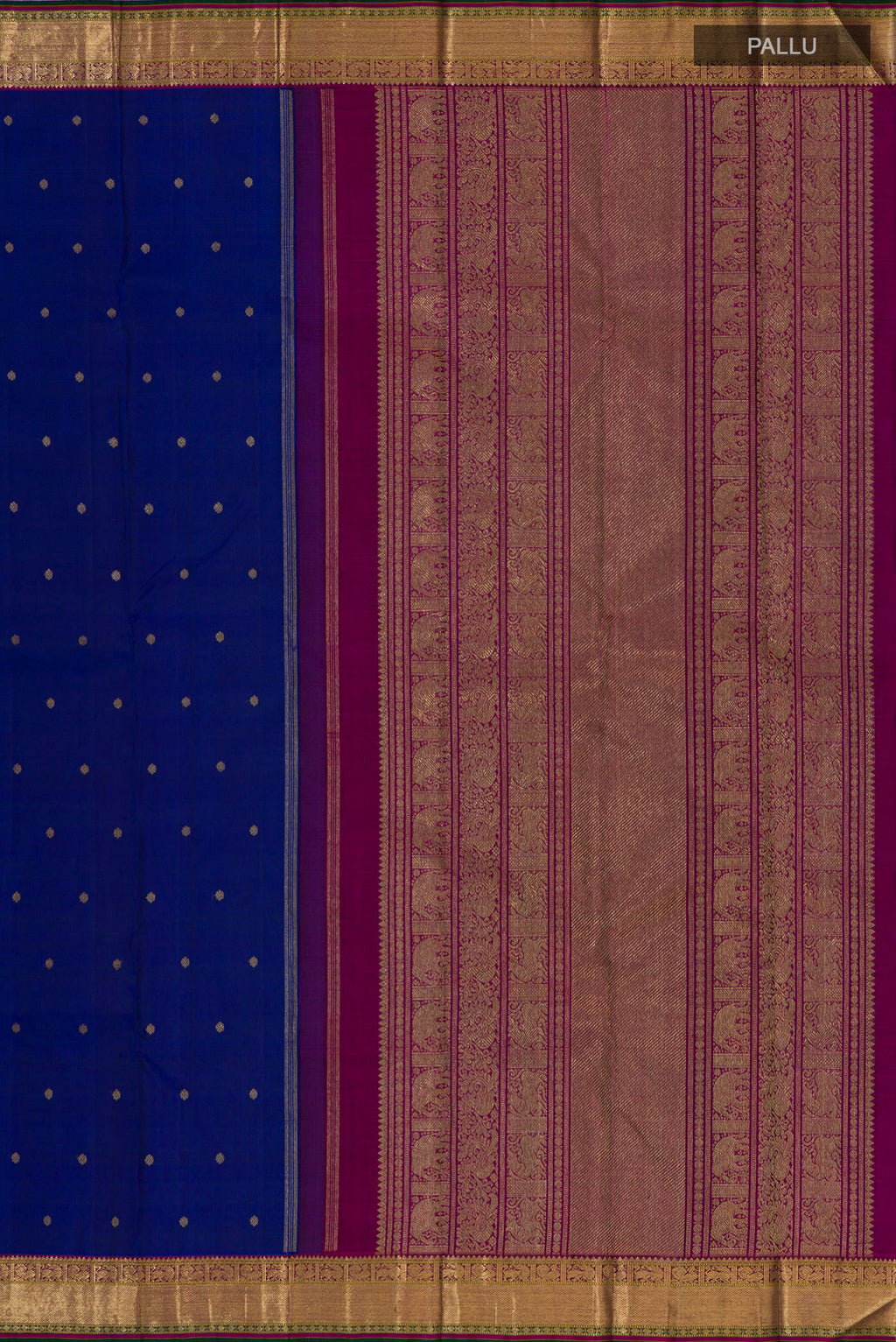 Close up image of the pallu of Pure Silk Pure Zari Blue Kanjivaram Saree with Zari Butta on the body and Zari Border. 