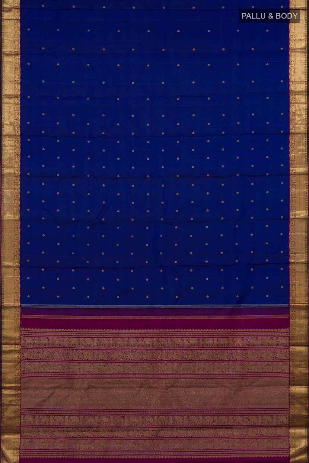 Flat view of Pure Silk Pure Zari Blue Kanjivaram Saree with Zari Butta on the body and Zari Border. 