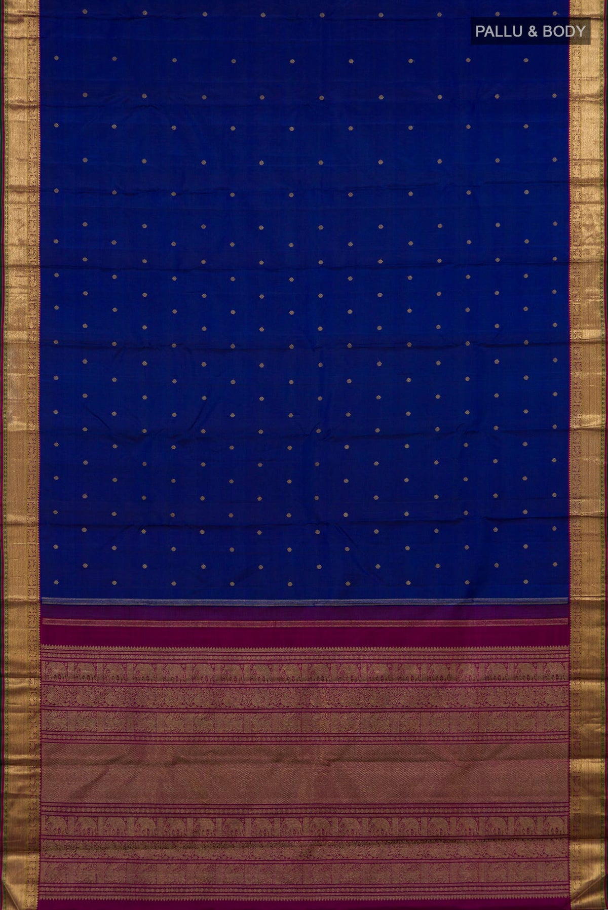 Flat view of Pure Silk Pure Zari Blue Kanjivaram Saree with Zari Butta on the body and Zari Border. 
