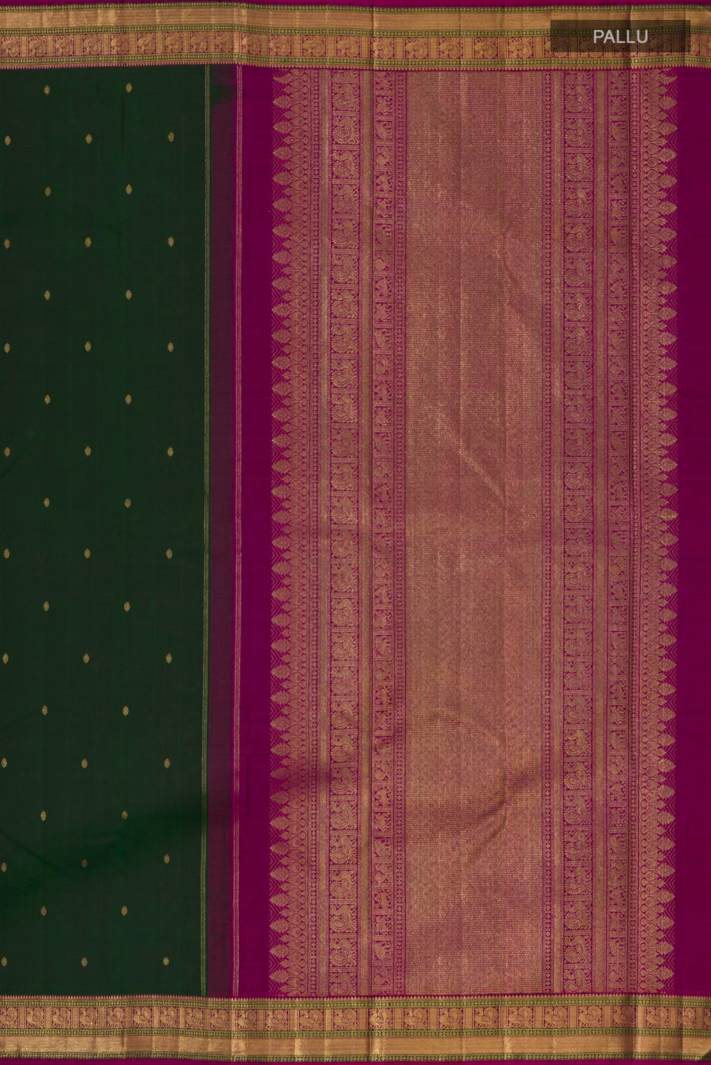 Close up image of the pallu of Pure Silk Pure Zari Bottle Green Kanjivaram Saree with Zari Butta on the body and Zari Border. 