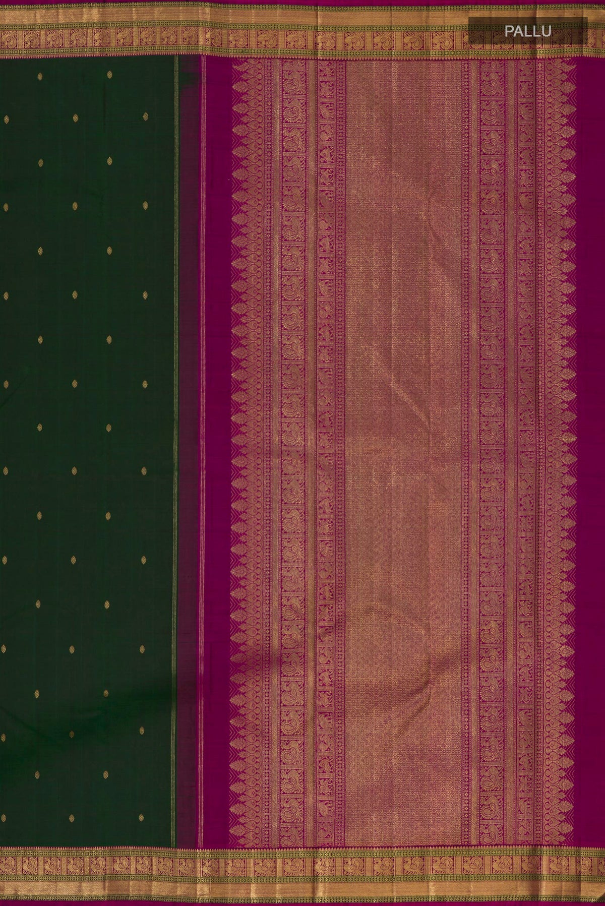Close up image of the pallu of Pure Silk Pure Zari Bottle Green Kanjivaram Saree with Zari Butta on the body and Zari Border. 
