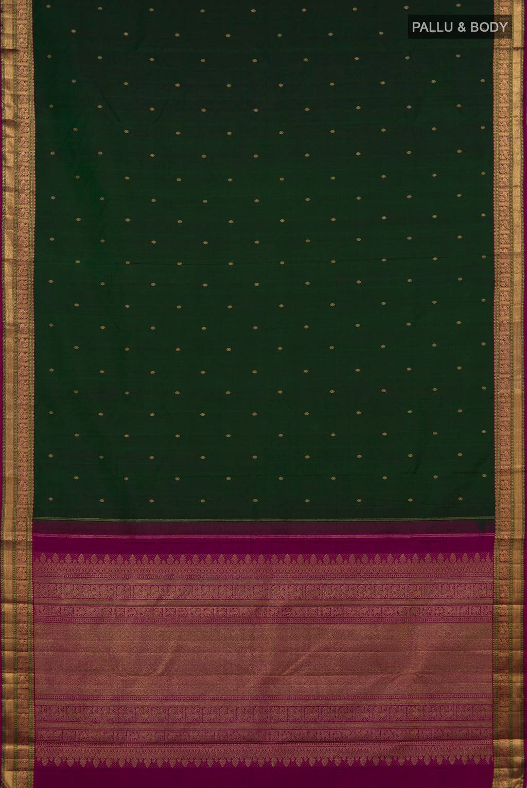 Flat view of Pure Silk Pure Zari Bottle Green Kanjivaram Saree with Zari Butta on the body and Zari Border. 