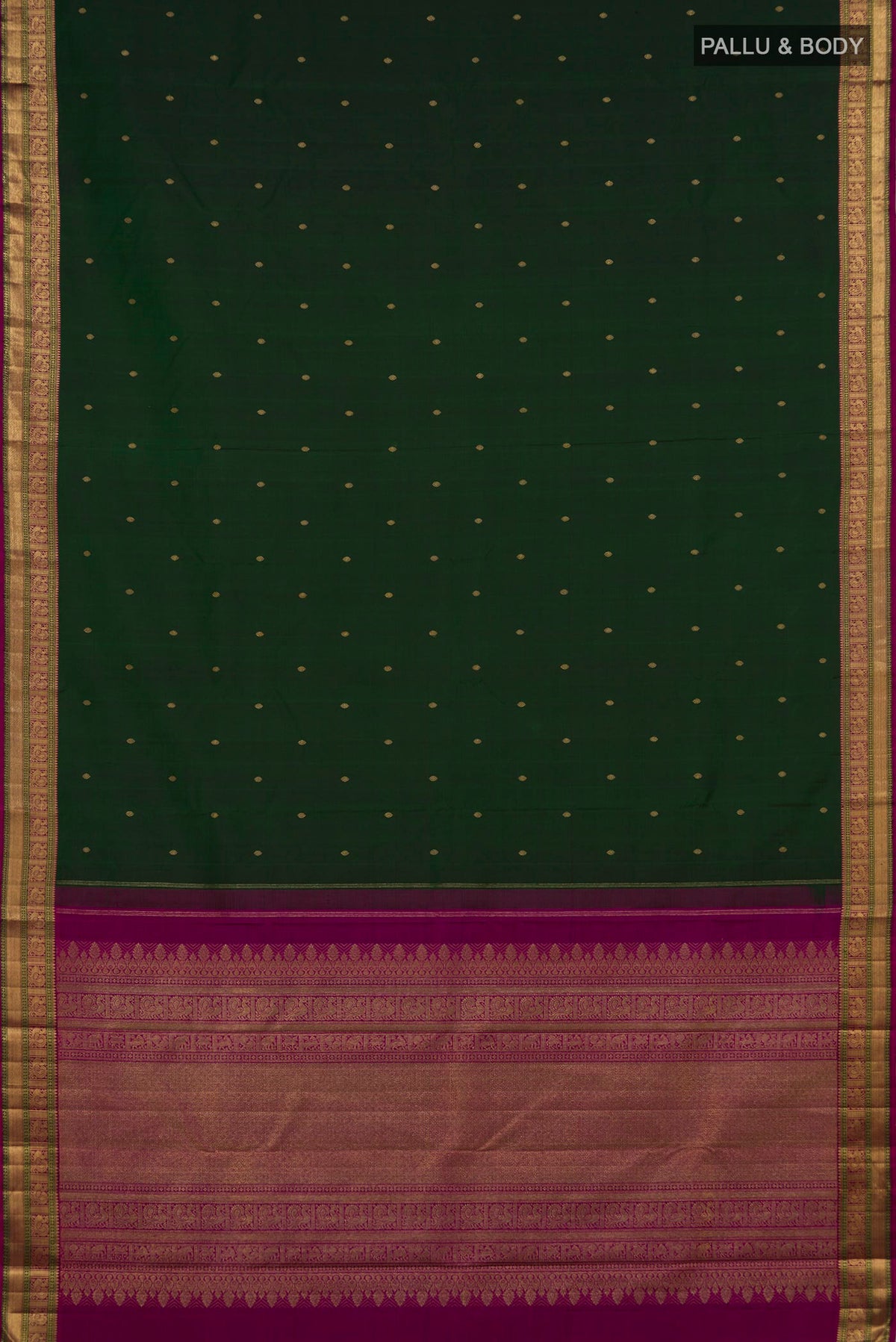 Flat view of Pure Silk Pure Zari Bottle Green Kanjivaram Saree with Zari Butta on the body and Zari Border. 