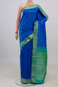 Pure Silk Pure Zari Royal Blue Kanjivaram Saree with Zari Butta on the body and Zari Border.  displayed on a mannequin