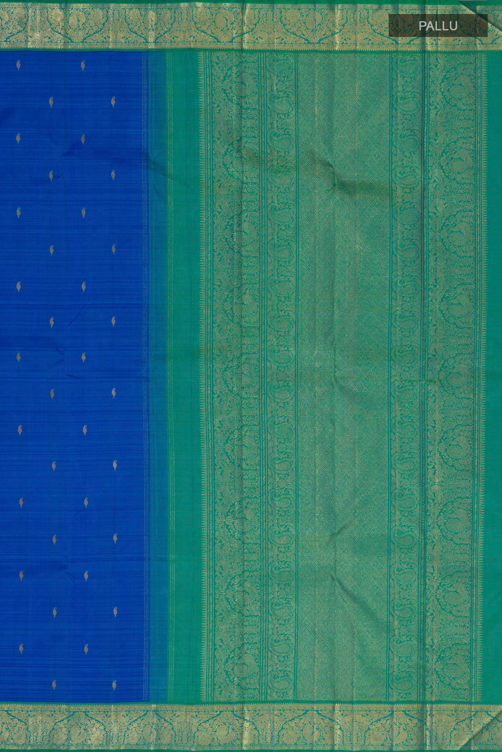 Close up image of the pallu of Pure Silk Pure Zari Royal Blue Kanjivaram Saree with Zari Butta on the body and Zari Border. 