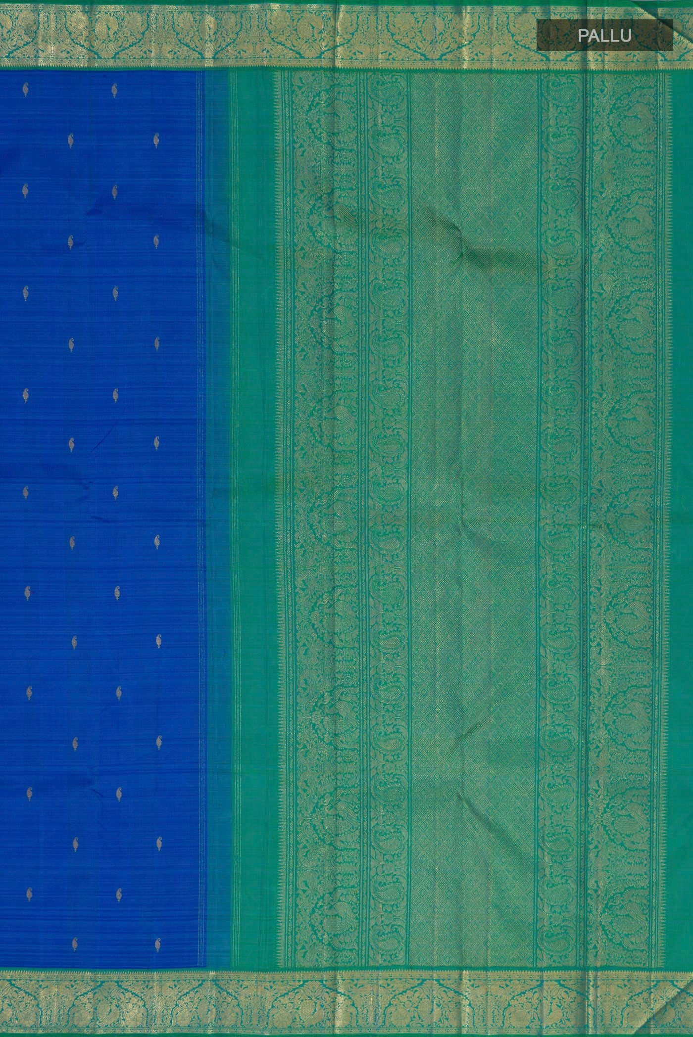 Close up image of the pallu of Pure Silk Pure Zari Royal Blue Kanjivaram Saree with Zari Butta on the body and Zari Border. 