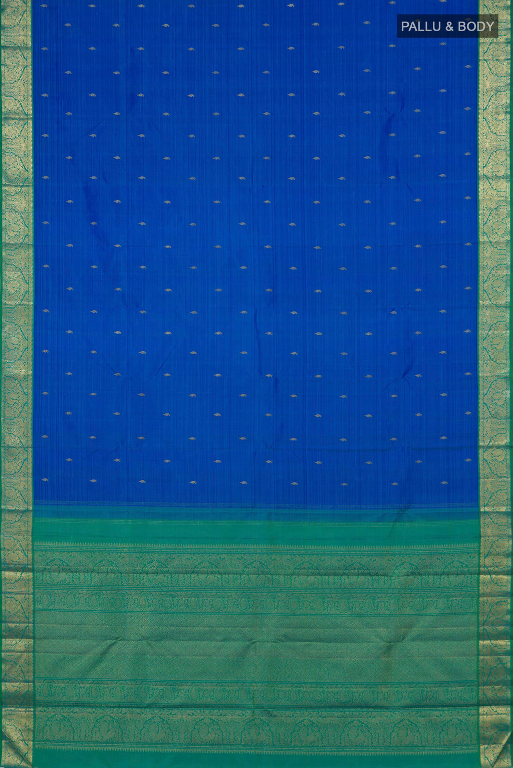 Flat view of Pure Silk Pure Zari Royal Blue Kanjivaram Saree with Zari Butta on the body and Zari Border. 