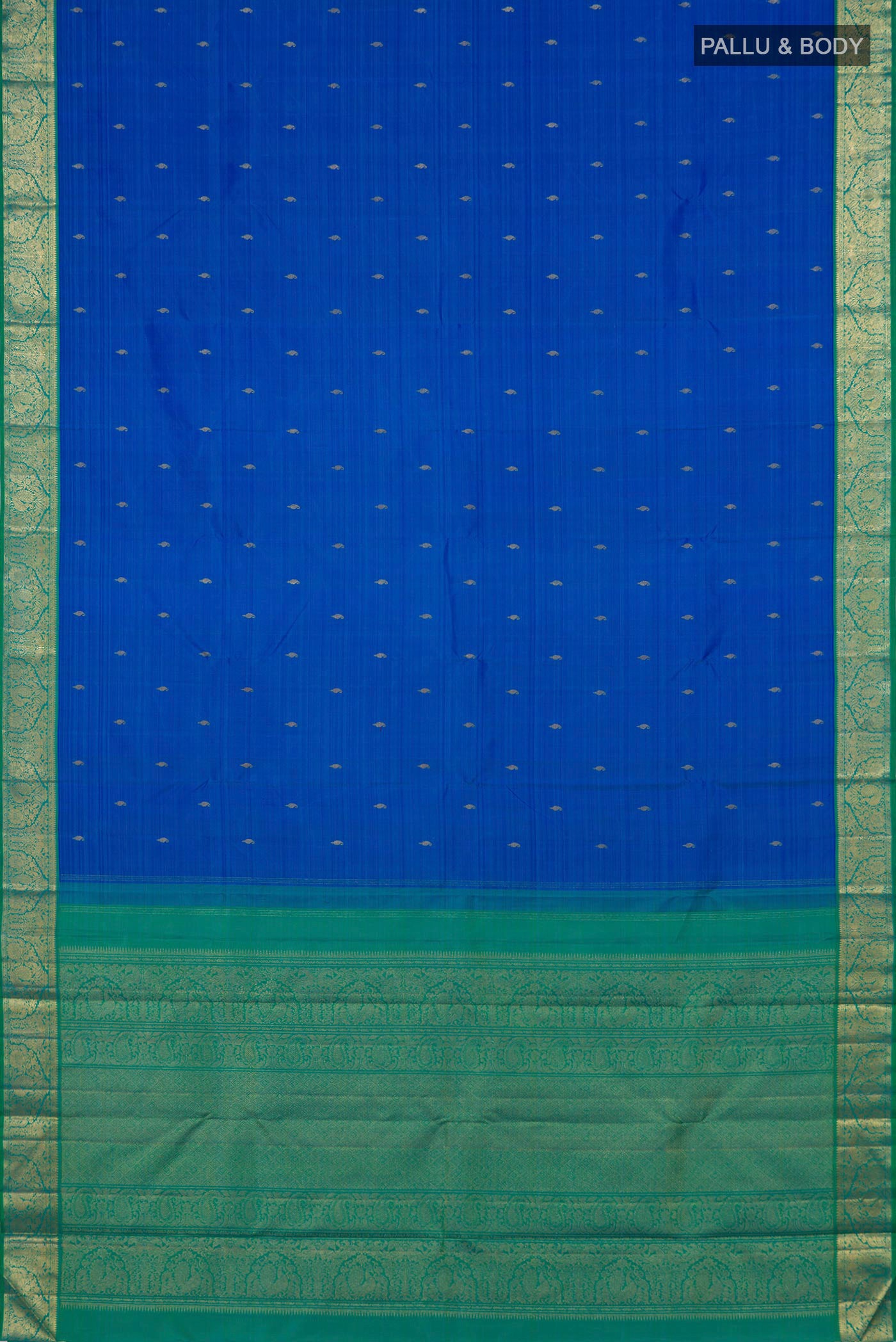Flat view of Pure Silk Pure Zari Royal Blue Kanjivaram Saree with Zari Butta on the body and Zari Border. 