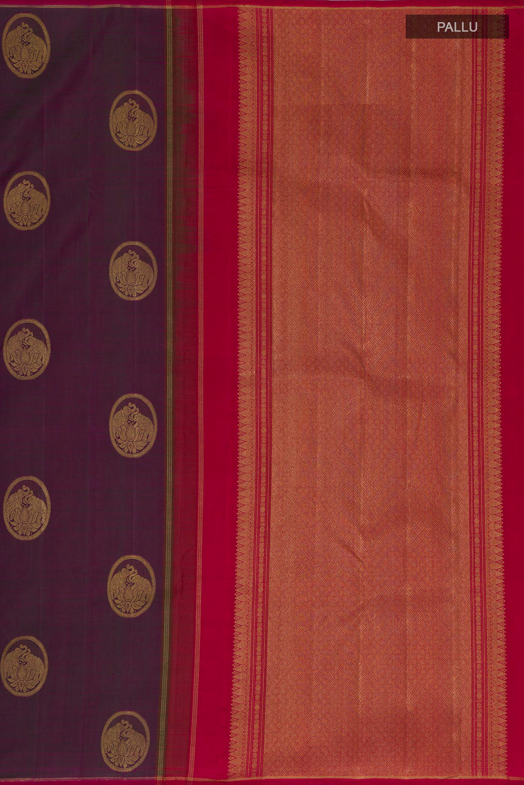 Close up image of the pallu of Pure Silk Pure Zari Purple Kanchipuram Saree with Zari Butta on the body and Thin Zari Line. 