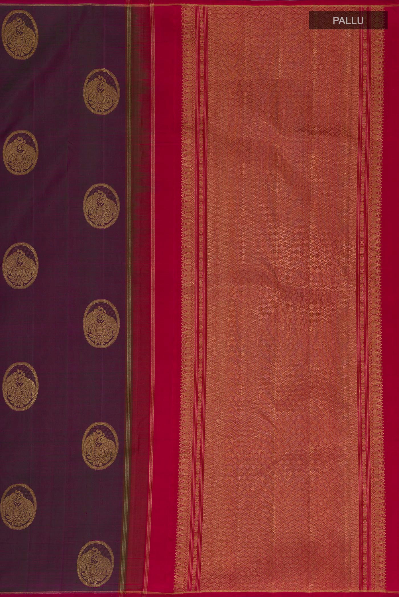 Close up image of the pallu of Pure Silk Pure Zari Purple Kanchipuram Saree with Zari Butta on the body and Thin Zari Line. 