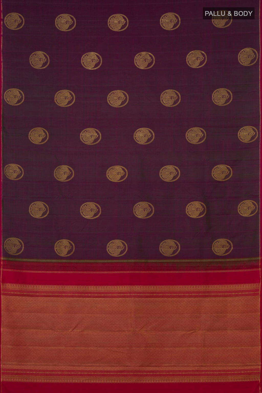Flat view of Pure Silk Pure Zari Purple Kanchipuram Saree with Zari Butta on the body and Thin Zari Line. 