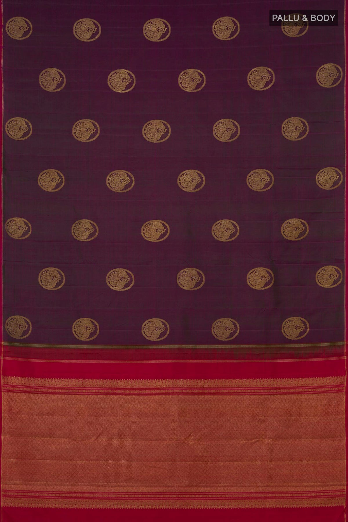 Flat view of Pure Silk Pure Zari Purple Kanchipuram Saree with Zari Butta on the body and Thin Zari Line. 