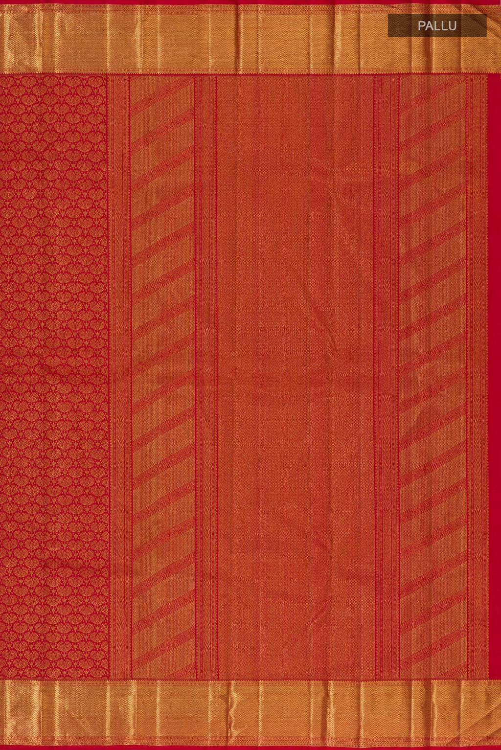 Close up image of the pallu of Pure Silk Red Kanchipuram Saree with Zari Brocade on the body and Zari Border. 