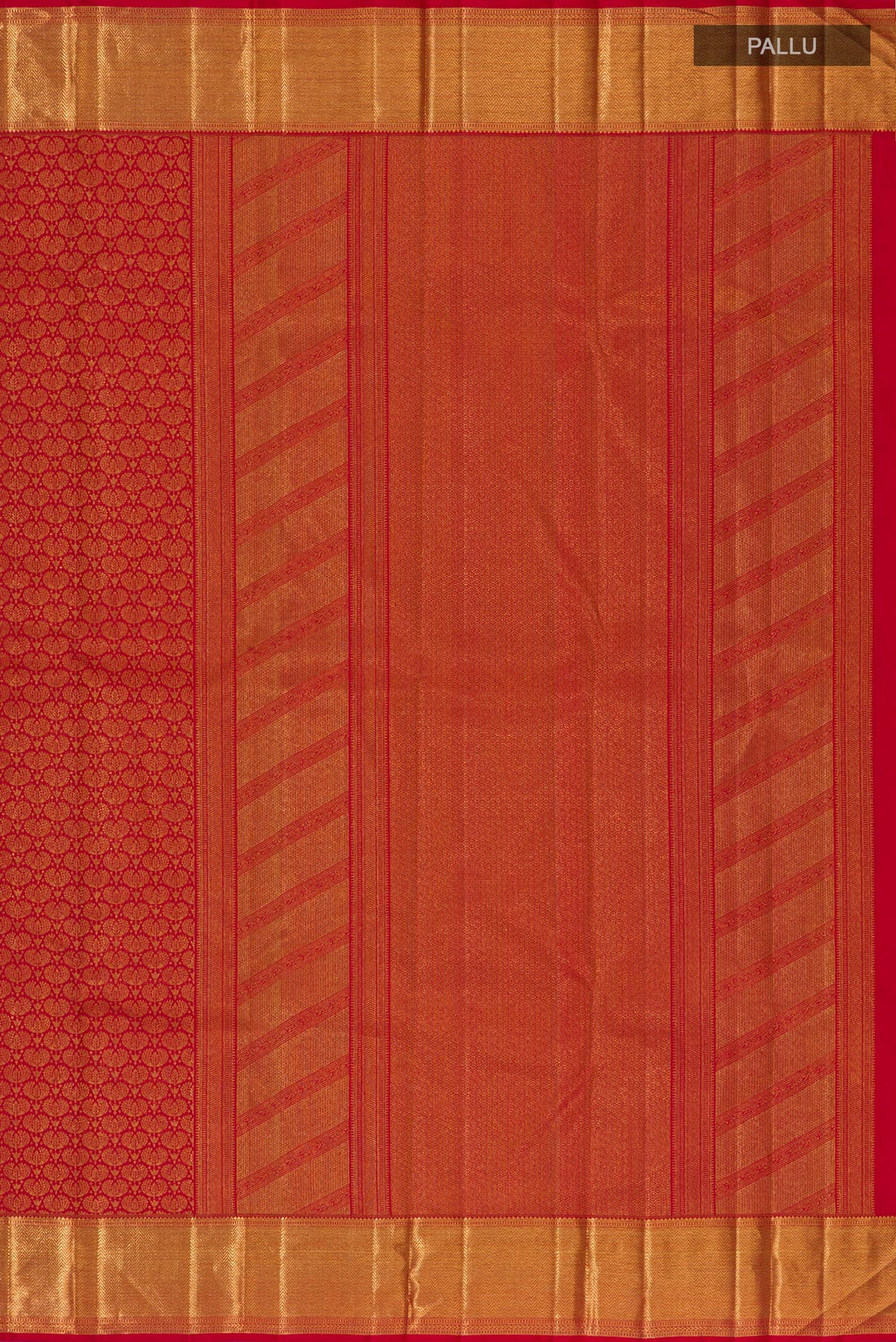 Close up image of the pallu of Pure Silk Red Kanchipuram Saree with Zari Brocade on the body and Zari Border. 