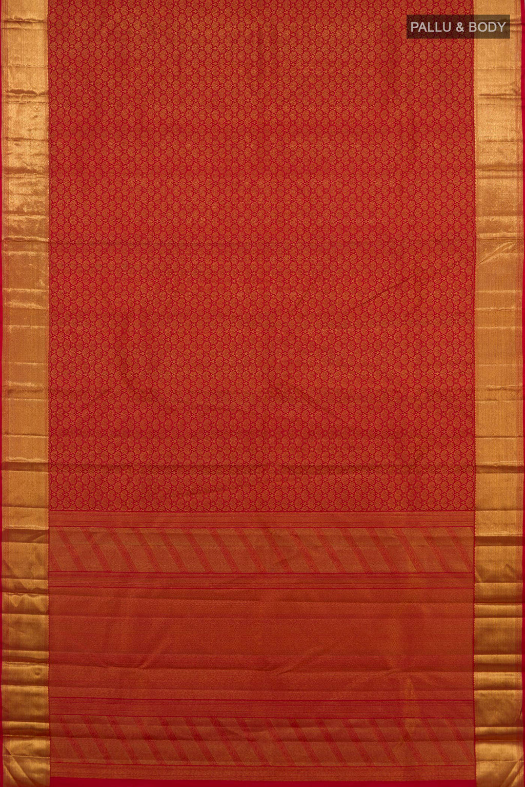 Flat view of Pure Silk Red Kanchipuram Saree with Zari Brocade on the body and Zari Border. 