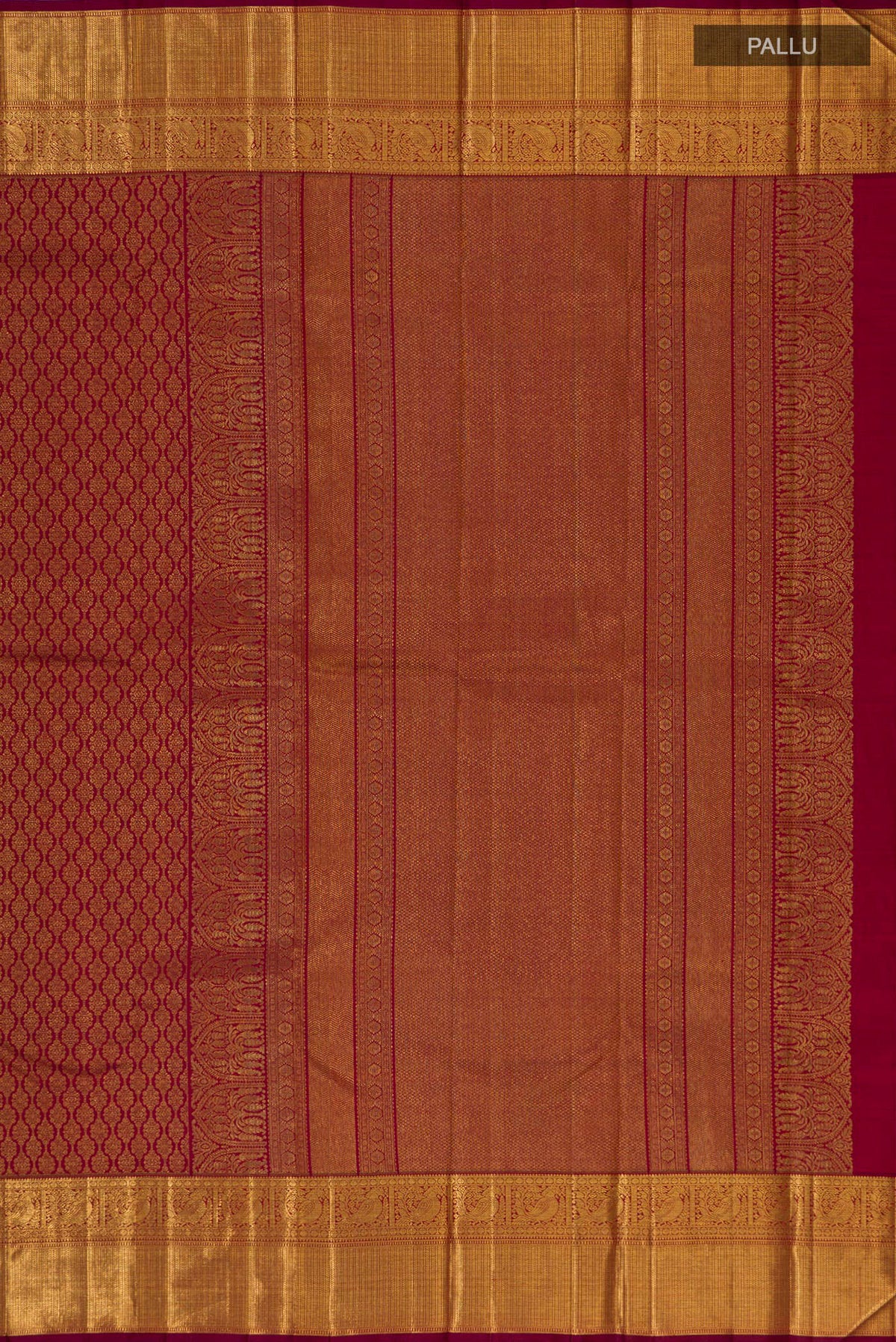 Close up image of the pallu of Pure Silk Maroon Kanchipuram Saree with Zari Brocade on the body and Zari Border. 