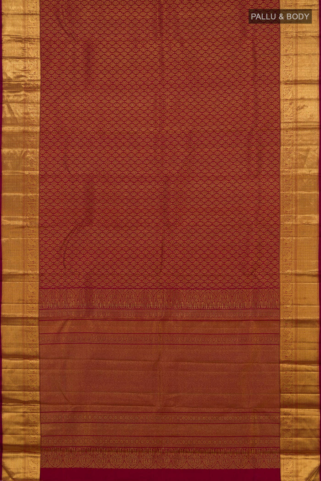 Flat view of Pure Silk Maroon Kanchipuram Saree with Zari Brocade on the body and Zari Border. 