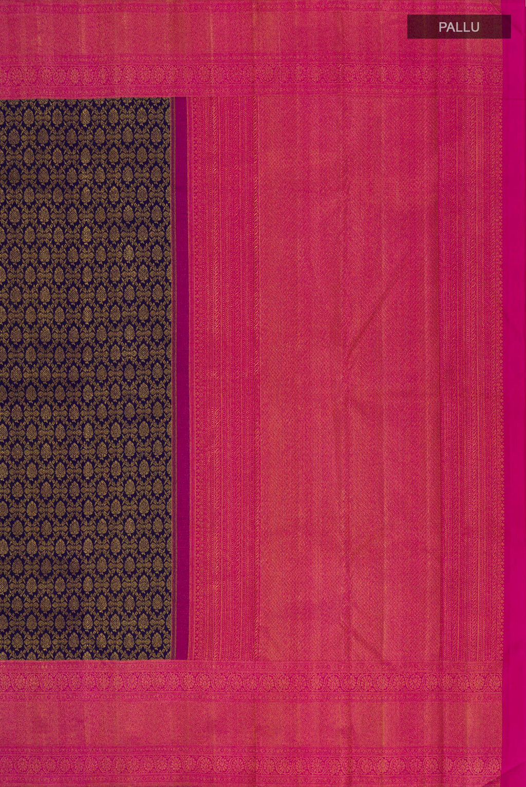 Close up image of the pallu of Pure Silk Navy Blue Kanjivaram Saree with Zari Brocade on the body and Zari Border. 