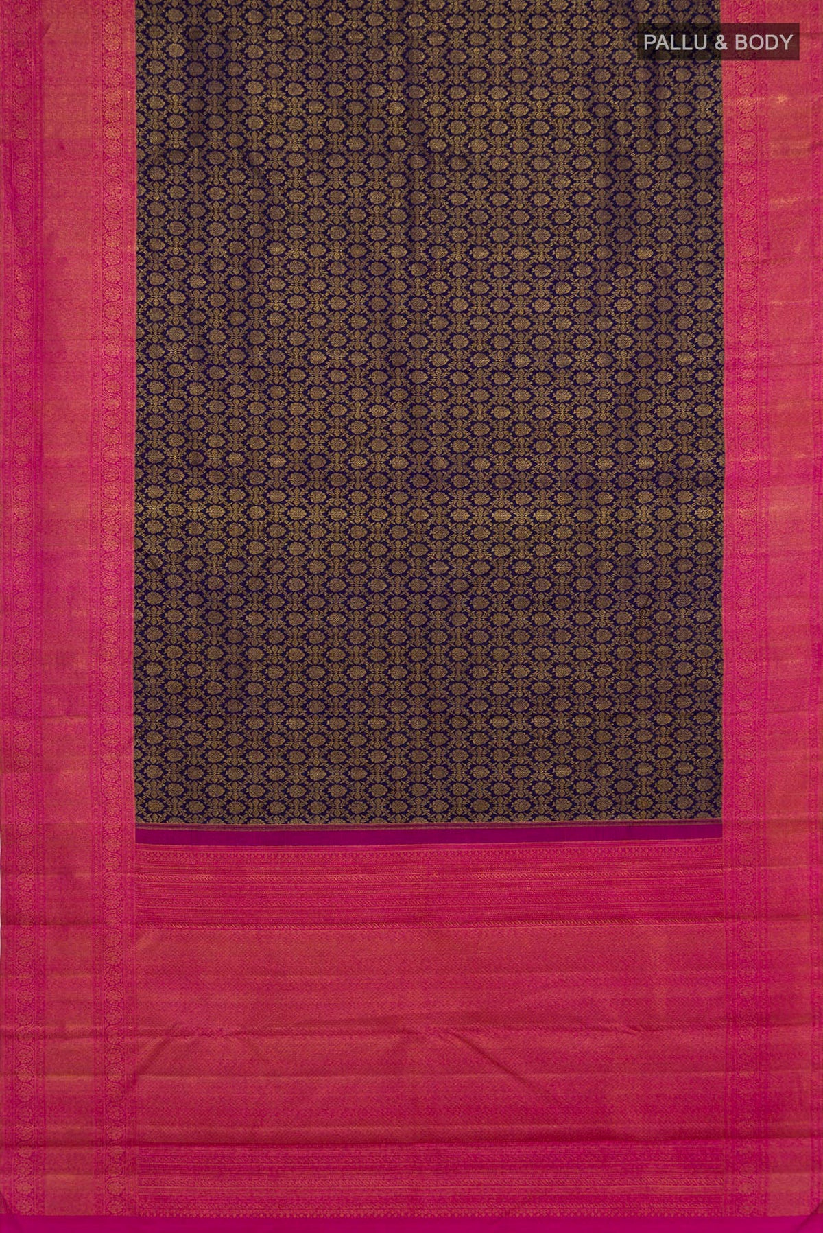 Flat view of Pure Silk Navy Blue Kanjivaram Saree with Zari Brocade on the body and Zari Border. 