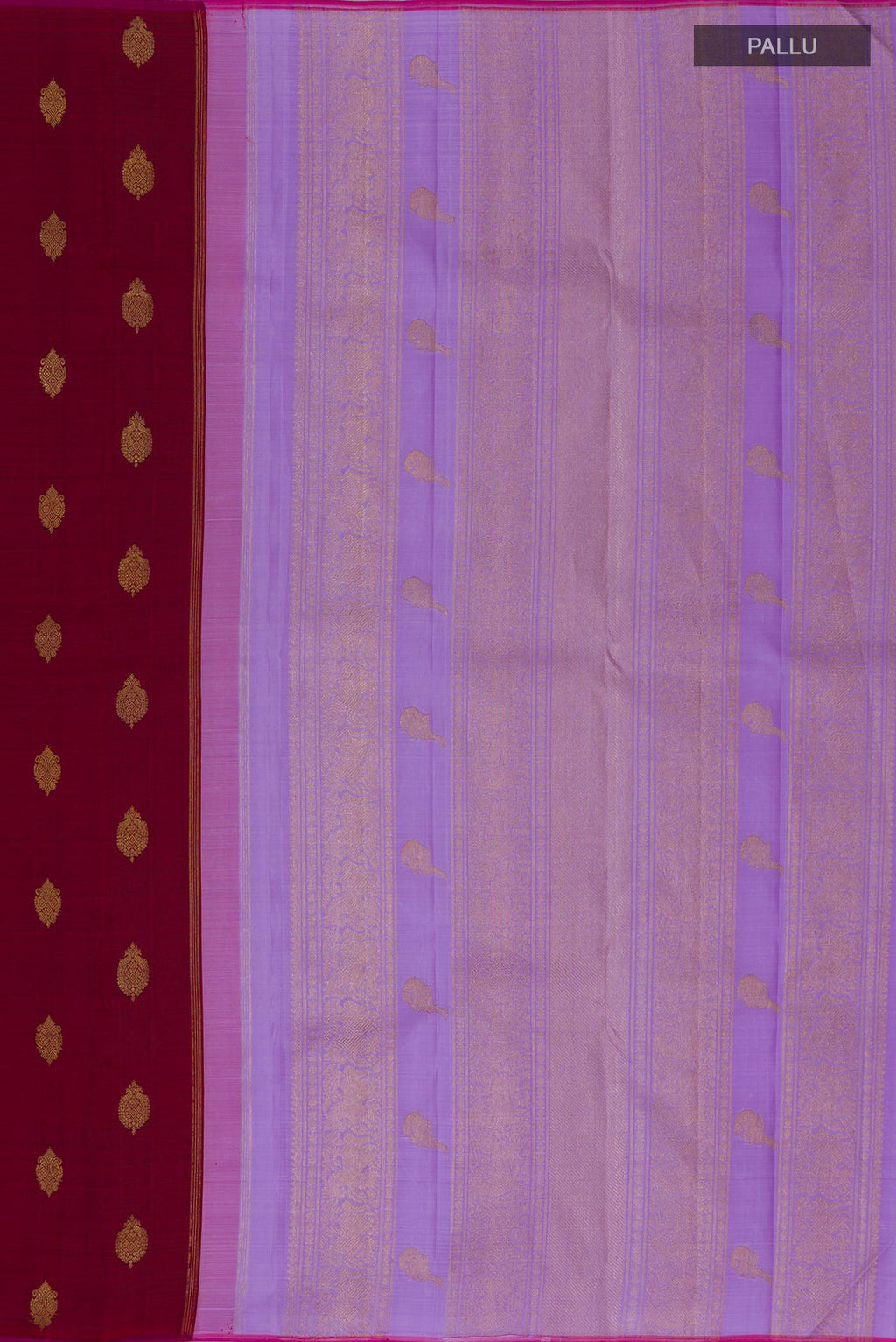 Close up image of the pallu of Pure Silk Pure Zari Maroon Kanchipuram Saree with Zari Butta on the body and Without Border. 