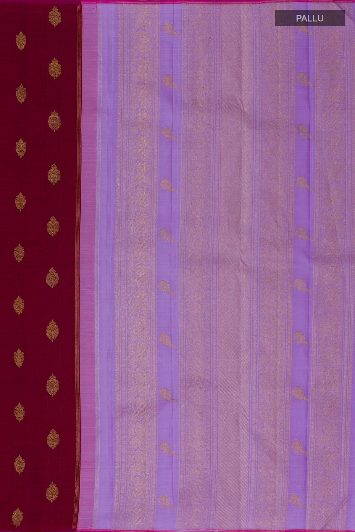 Close up image of the pallu of Pure Silk Pure Zari Maroon Kanchipuram Saree with Zari Butta on the body and Without Border. 