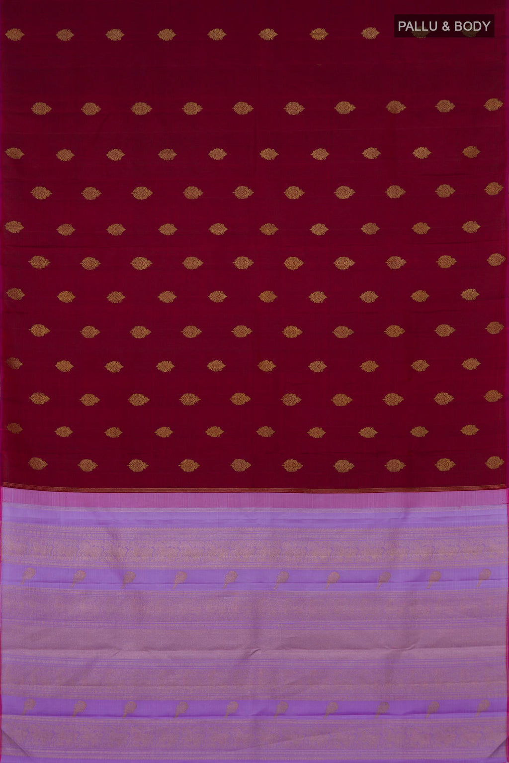 Flat view of Pure Silk Pure Zari Maroon Kanchipuram Saree with Zari Butta on the body and Without Border. 