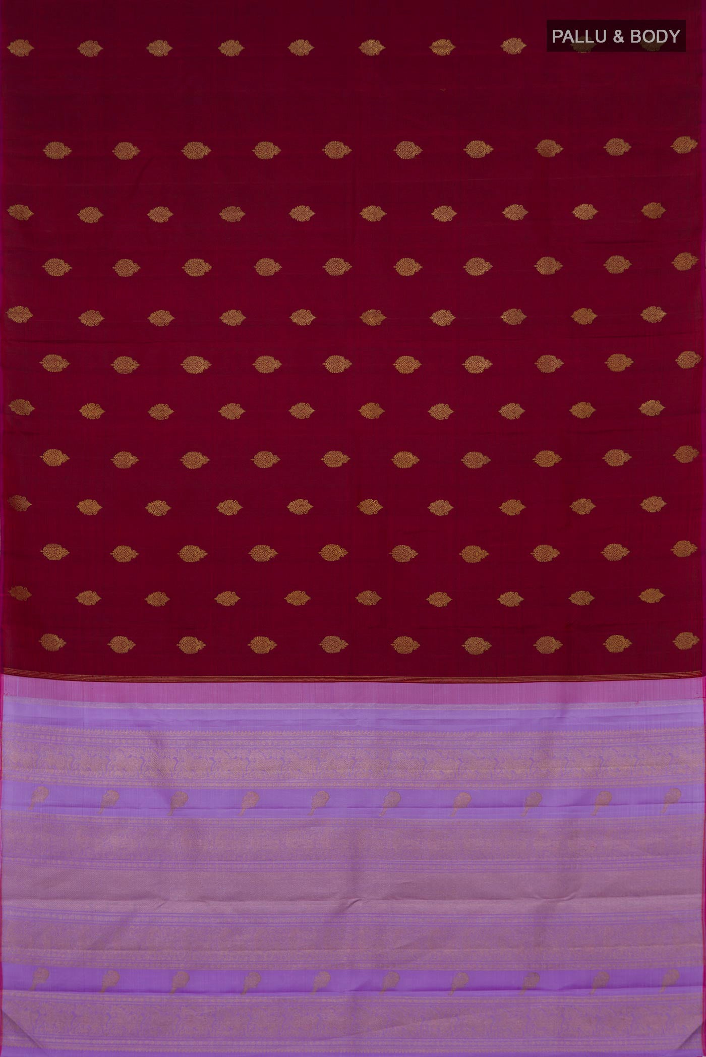 Flat view of Pure Silk Pure Zari Maroon Kanchipuram Saree with Zari Butta on the body and Without Border. 