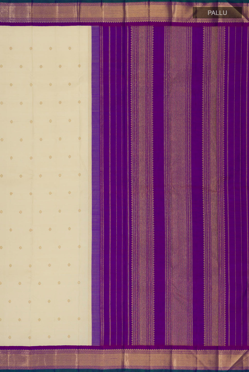 Close up image of the pallu of Pure Silk Pure Zari Cream Kanjivaram Saree with Zari Butta on the body and Zari Border. 
