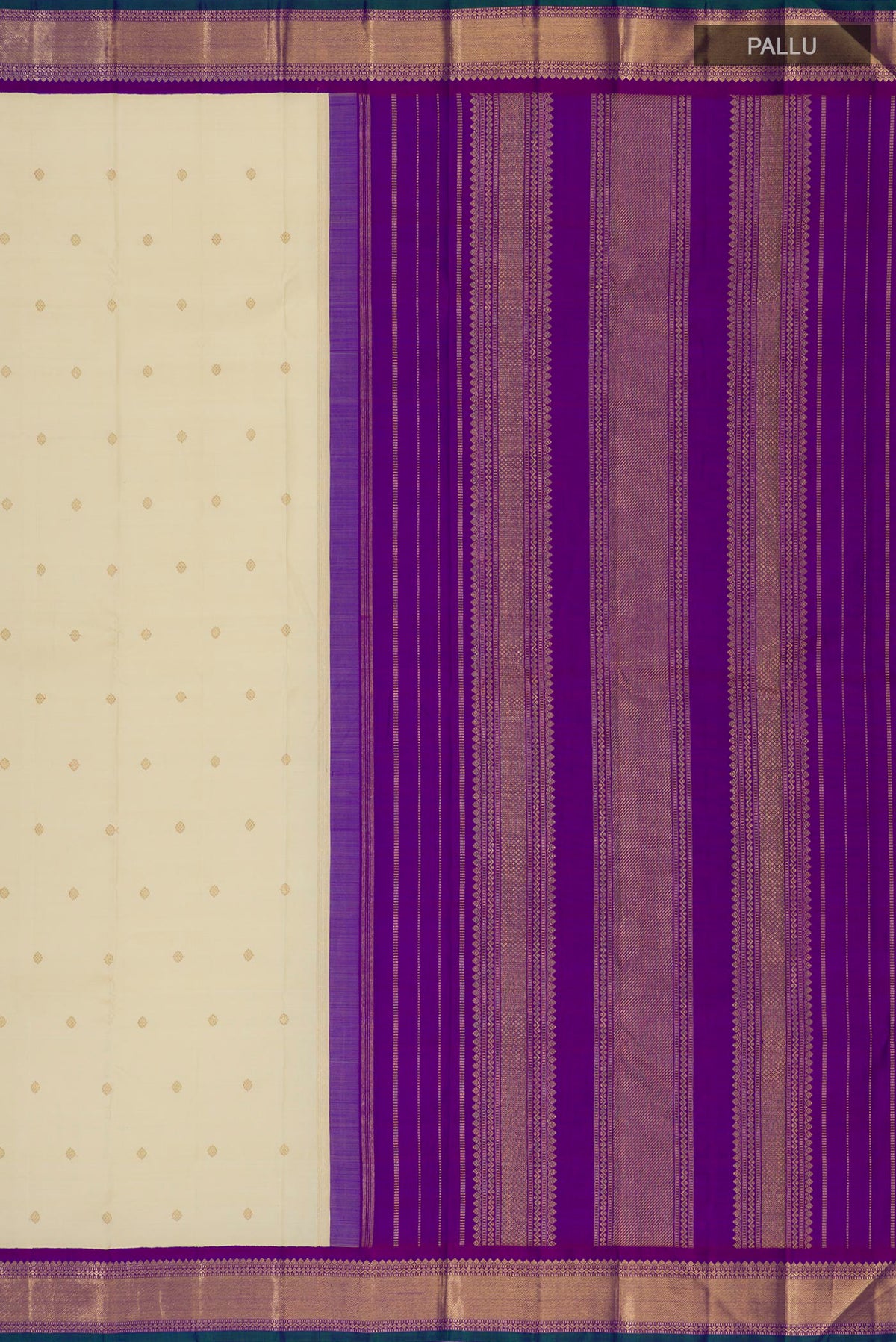 Close up image of the pallu of Pure Silk Pure Zari Cream Kanjivaram Saree with Zari Butta on the body and Zari Border. 