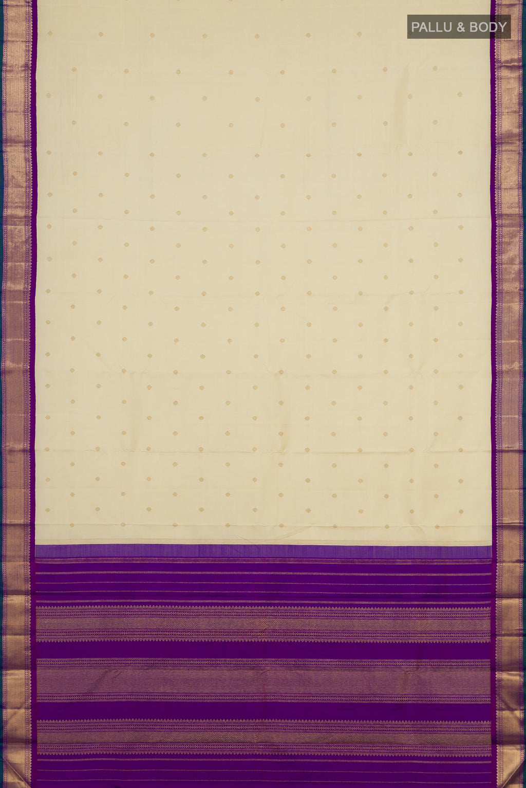 Flat view of Pure Silk Pure Zari Cream Kanjivaram Saree with Zari Butta on the body and Zari Border. 