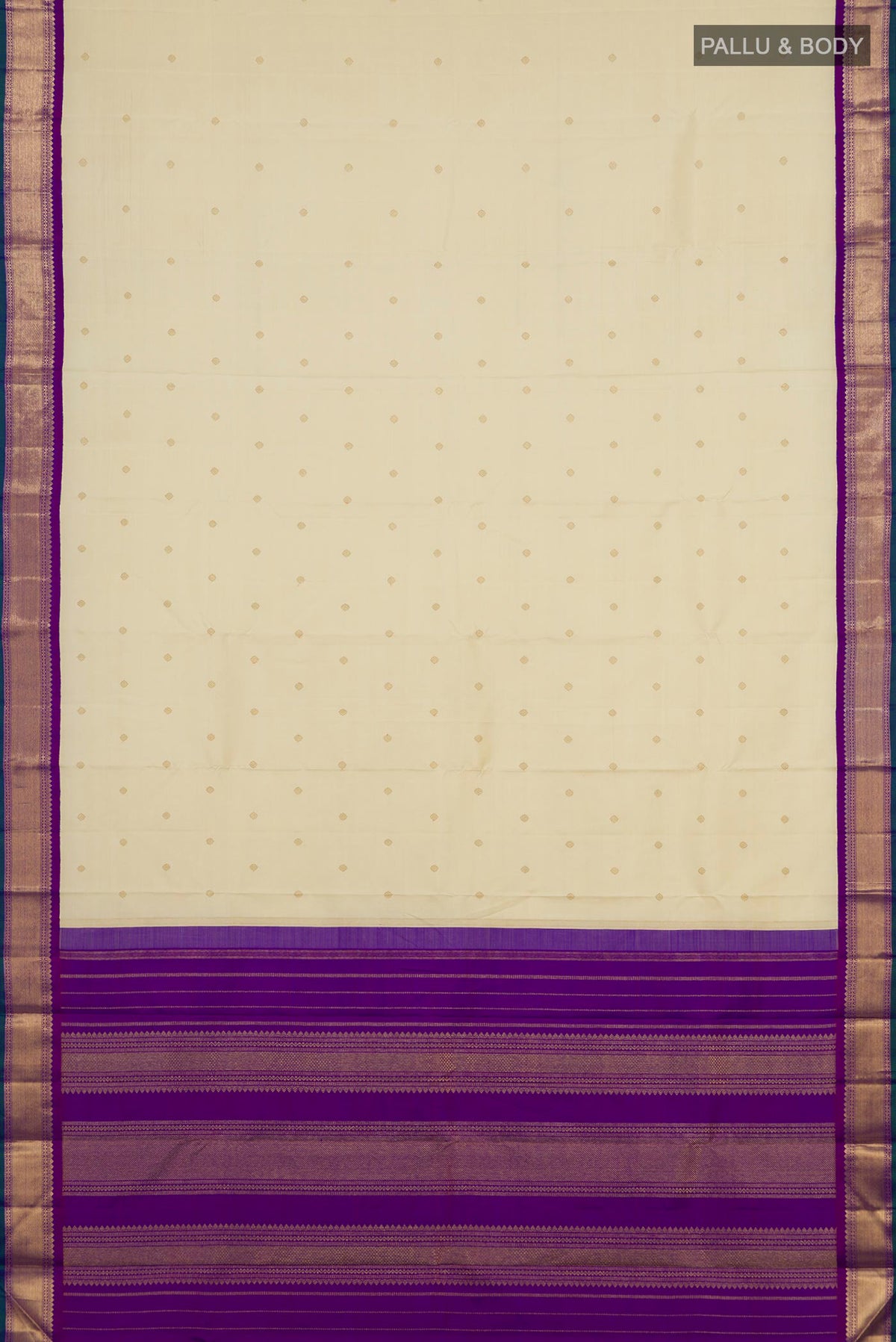Flat view of Pure Silk Pure Zari Cream Kanjivaram Saree with Zari Butta on the body and Zari Border. 