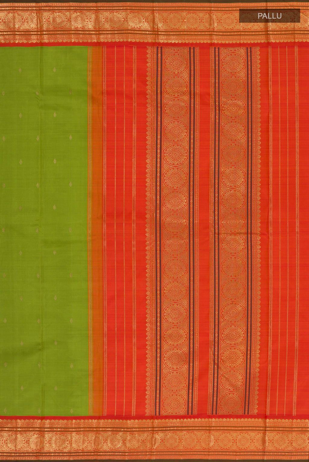 Close up image of the pallu of Pure Silk Pure Zari Parrot Green Kanjivaram Saree with Zari Butta on the body and Zari Border. 