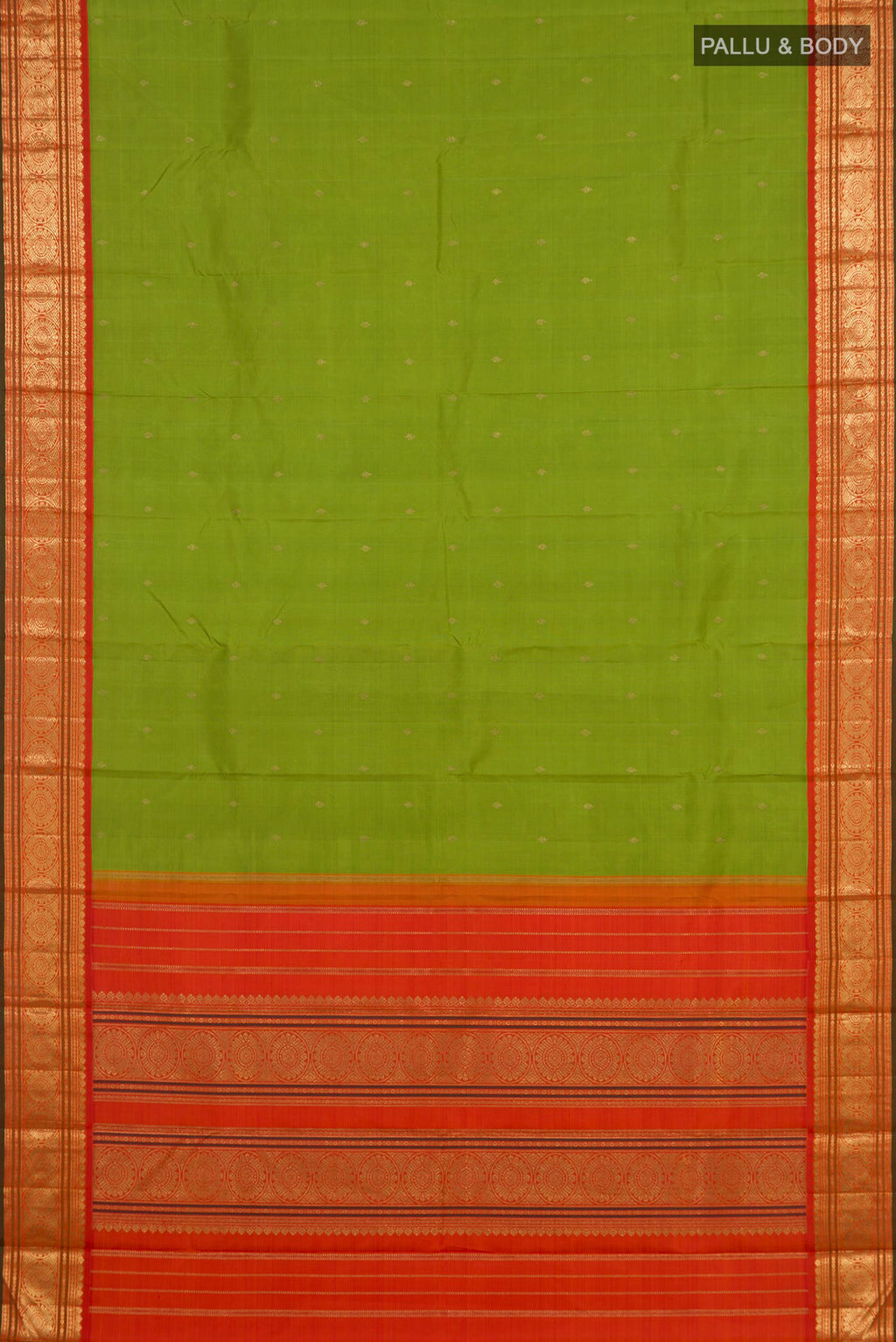Flat view of Pure Silk Pure Zari Parrot Green Kanjivaram Saree with Zari Butta on the body and Zari Border. 