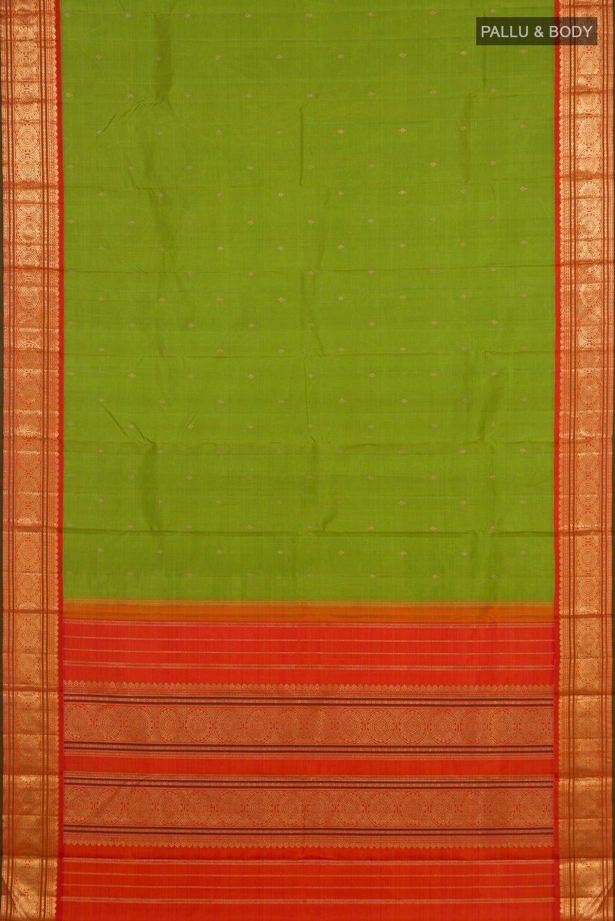 Flat view of Pure Silk Pure Zari Parrot Green Kanjivaram Saree with Zari Butta on the body and Zari Border. 