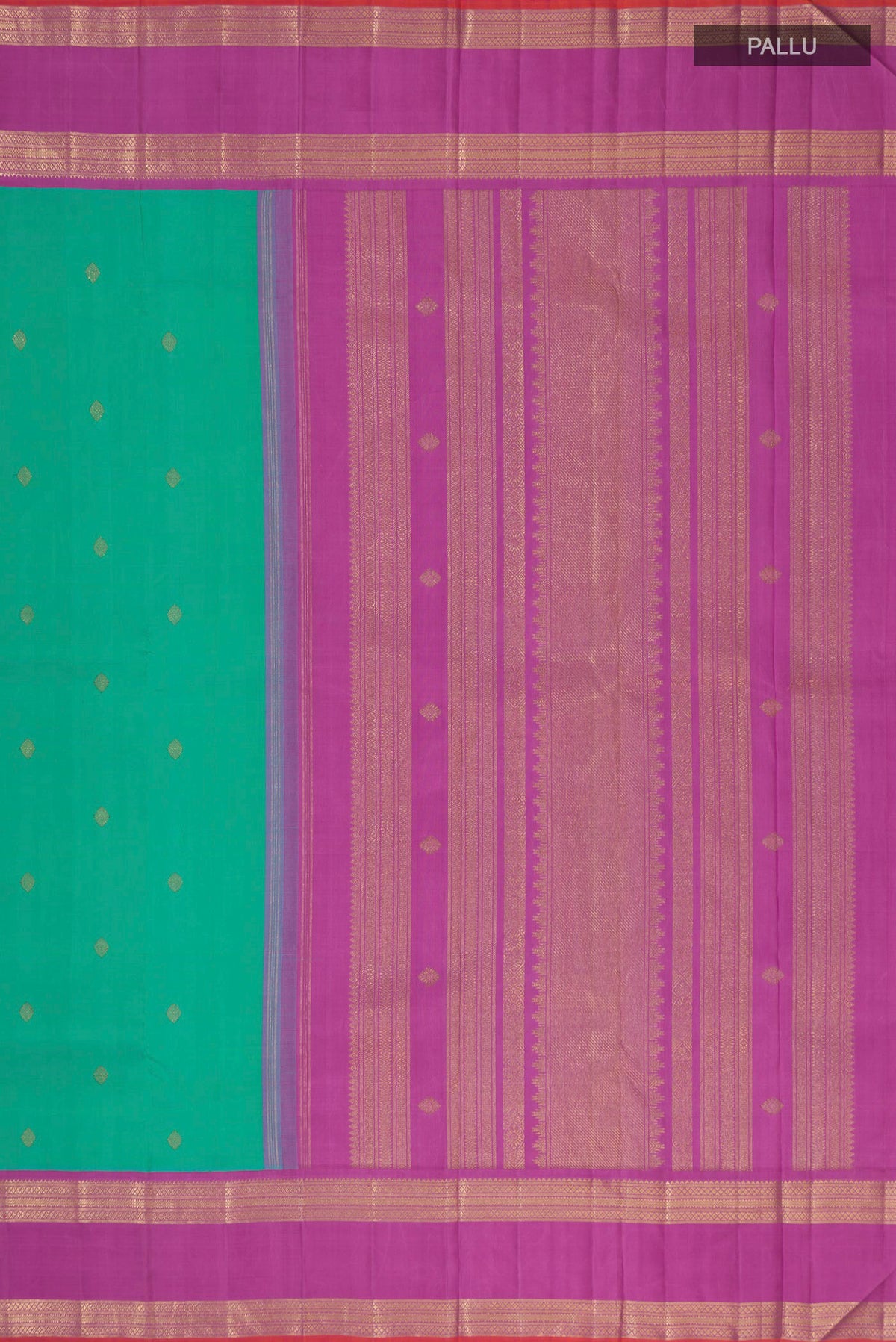 Close up image of the pallu of Pure Silk Pure Zari Green Kanjivaram Saree with Zari Butta on the body and Zari Border. 