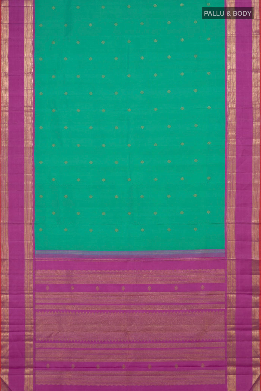 Flat view of Pure Silk Pure Zari Green Kanjivaram Saree with Zari Butta on the body and Zari Border. 
