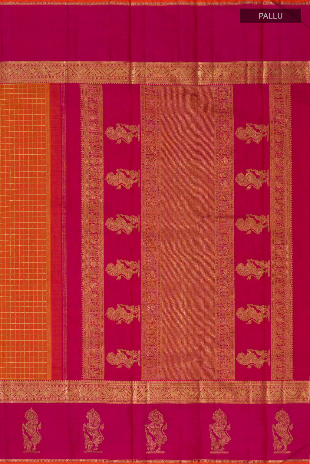 Close up image of the pallu of Pure Silk Pure Zari Orange Kanjivaram Saree with Checked design on the body and Zari Border. 
