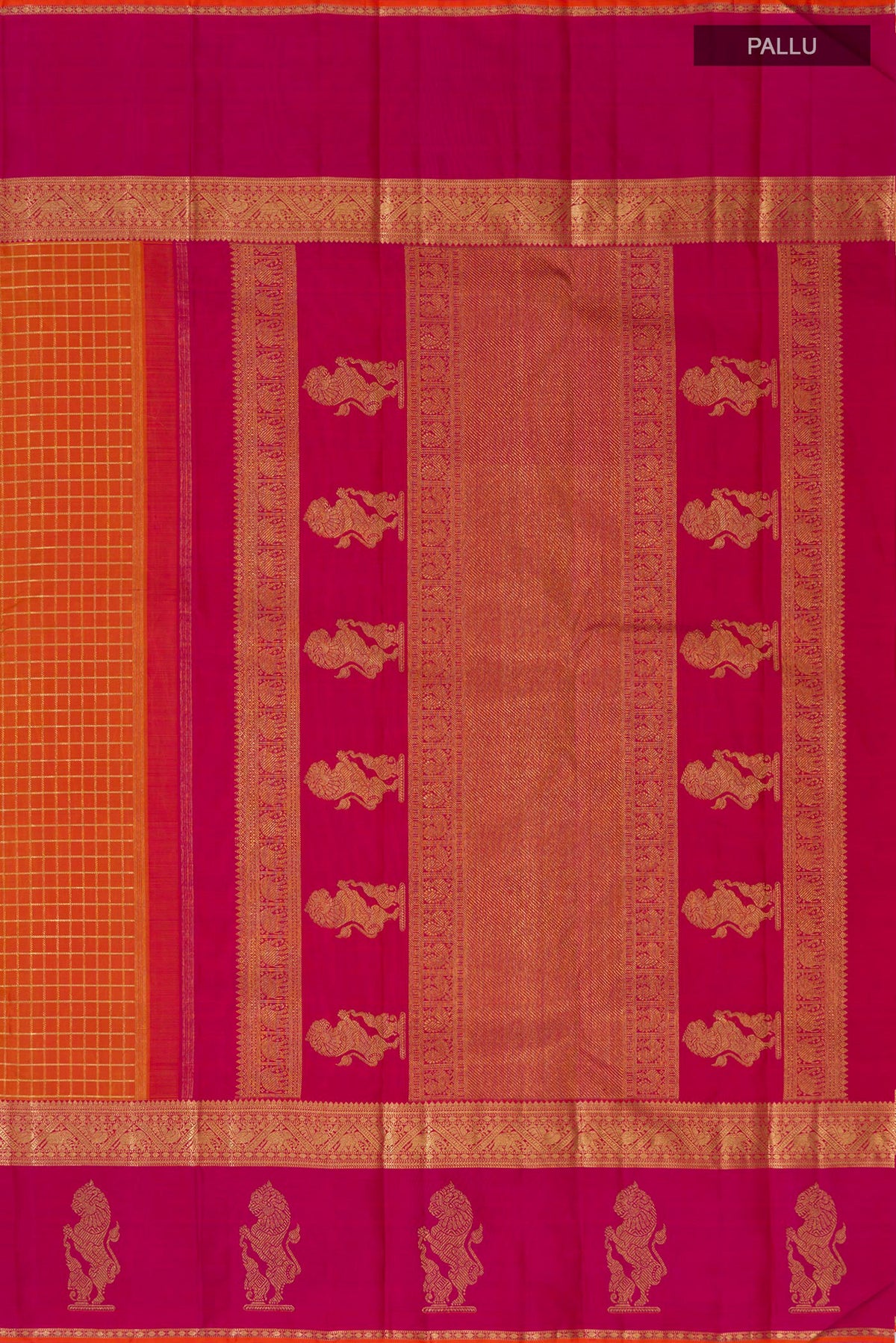 Close up image of the pallu of Pure Silk Pure Zari Orange Kanjivaram Saree with Checked design on the body and Zari Border. 